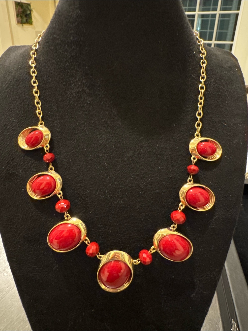Charming Charlie Gold Tone Red Oval Cabochon Statement Necklace Adjustable